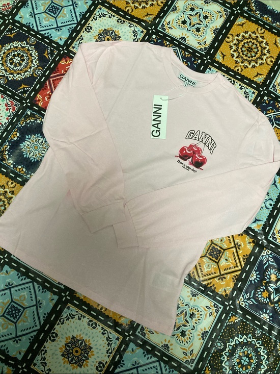 Ganni Tops - GANNI Have A Nice Day cherry Print Pink Cropped Long sleeve Casual Cotton Top